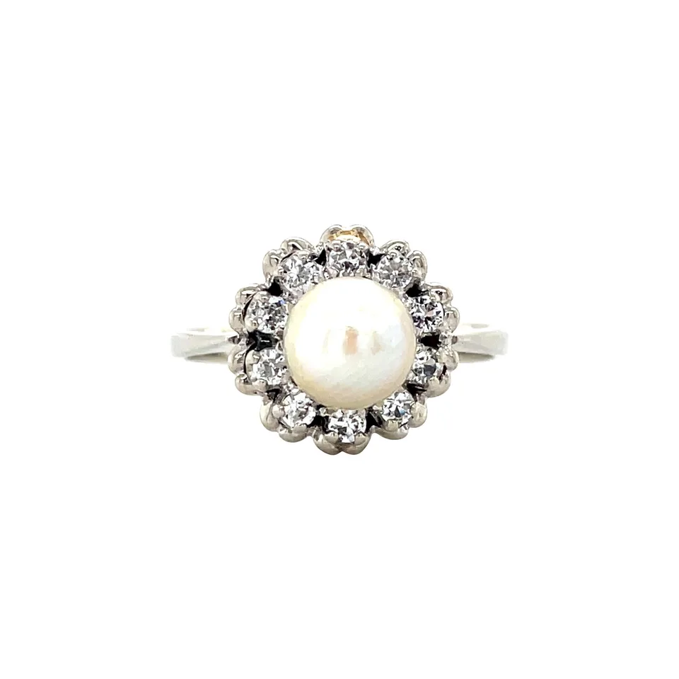 Vintage 18K White Gold Cluster Ring with Pearl and Spinel