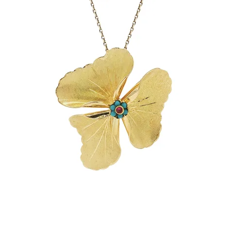 Vintage 18K Gold Cluster Pendant with Ruby and Colored Stone