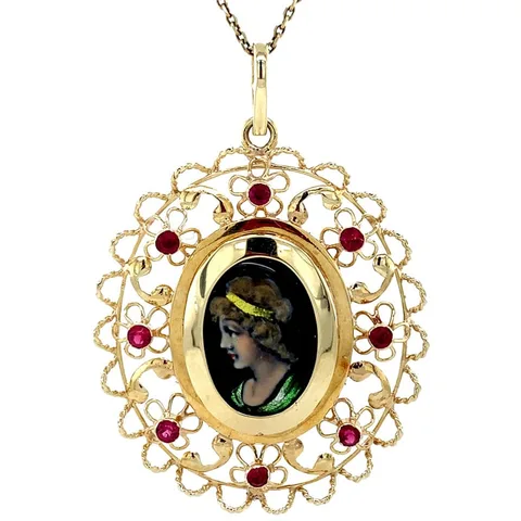 Vintage 14K Gold Pendant with Enamel and Colored Stone