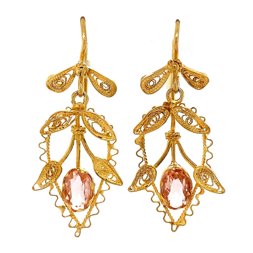 Vintage 18K Gold Drop Earrings Filigree with Pink Glass