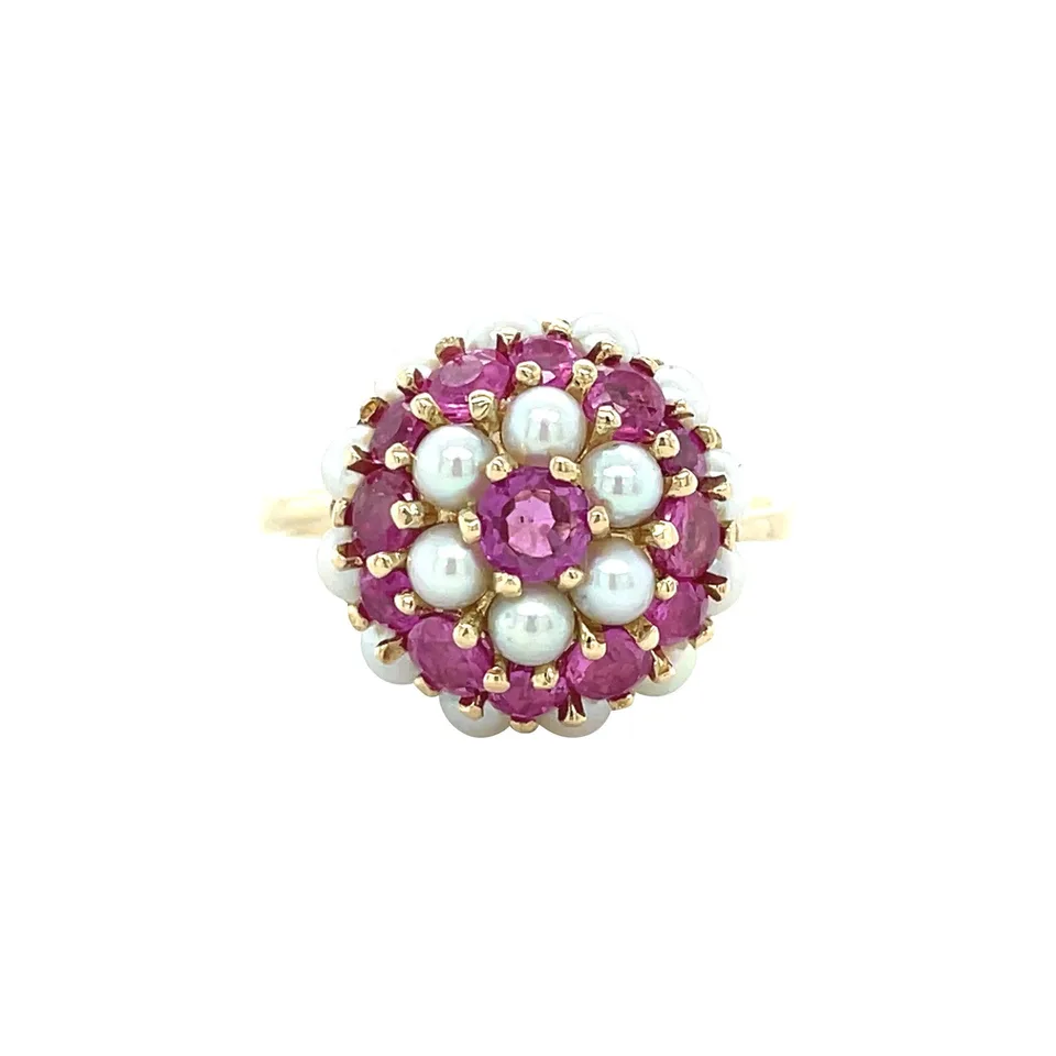 Vintage 14K Gold Cluster Mid Century Ring Ruby and Pearl
