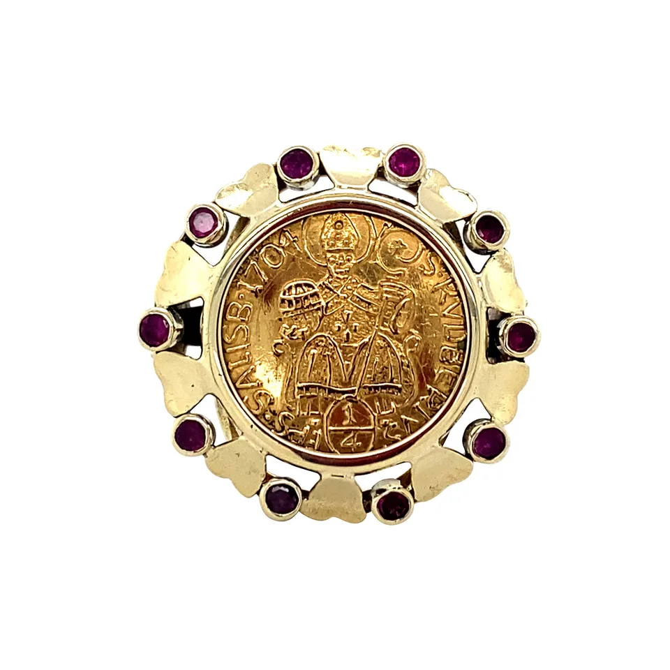 Vintage 14K Gold Coin Ring with Ruby