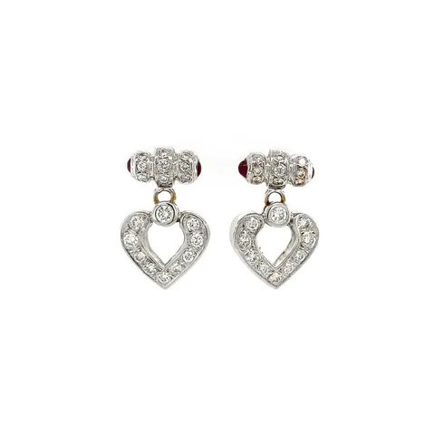 Vintage 18K White Gold Stud Earrings with Diamond Heart