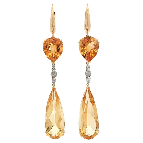 Vintage 18K Gold Drop Earrings with Citrine and Diamond