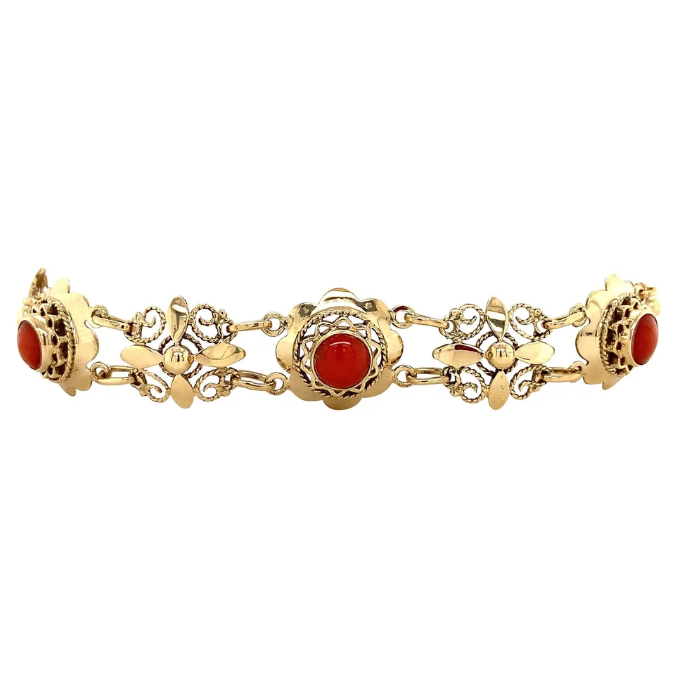 Vintage 14K Gold Boat Link Bracelet with Red Coral 19.5 cm