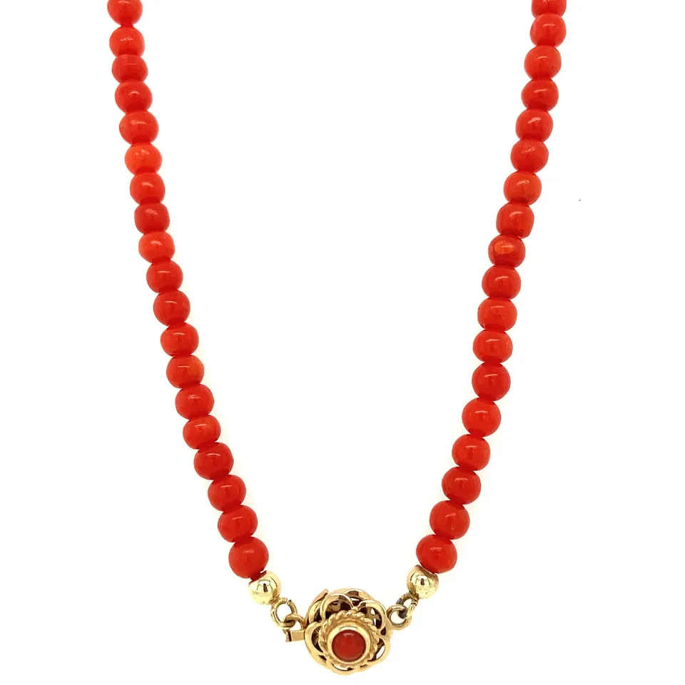 Vintage Red Coral Necklace with 14K Gold Decorative Clasp 46 cm