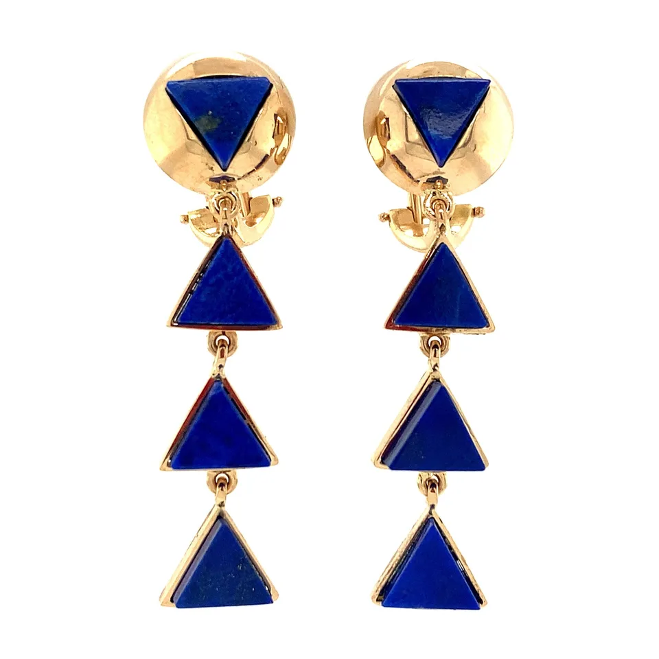 Vintage 18K Gold Oorclipis with Lapis Lazuli Pendant