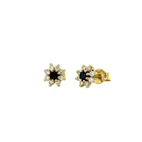 Vintage 14K Gold Cluster Stud Earrings with Sapphire and Diamond