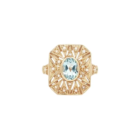 Vintage 14K Gold Ring with Blue Topaz and Pearl