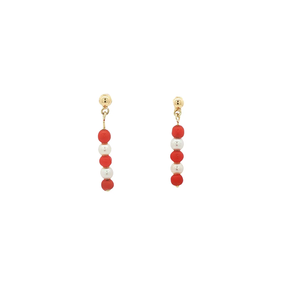 Vintage 14K Gold Stud Earrings with Pearl and Red Coral