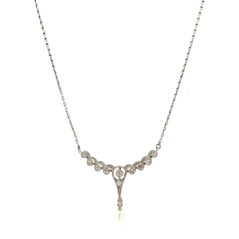 Vintage Platinum 14K Necklace with Diamond and Pearl