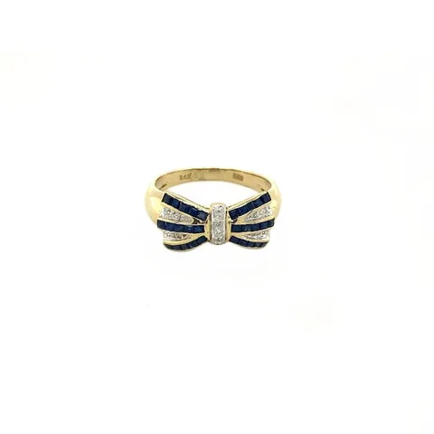 Vintage 14K Gold Bow Ring with Diamond and Sapphire