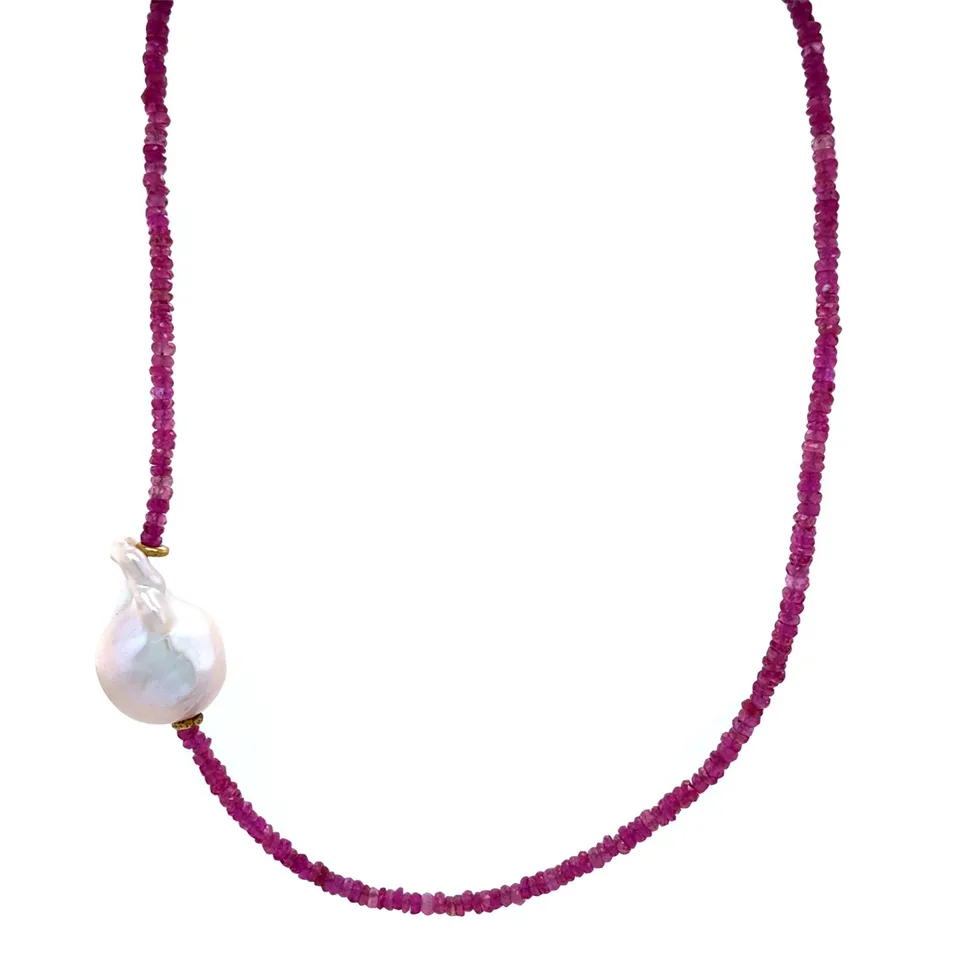 Vintage Ruby Necklace with Pearl and 14K Gold Clasp