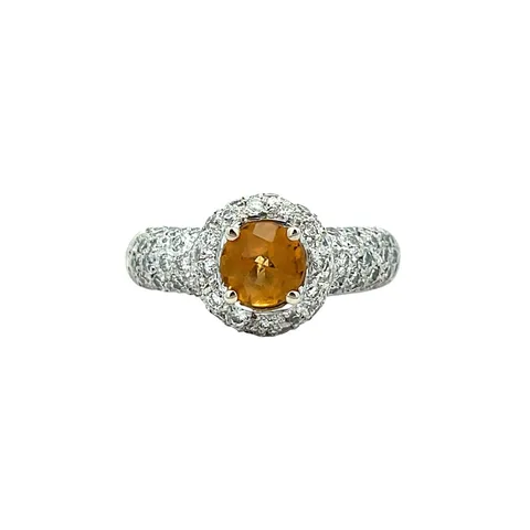 Vintage 18K White Gold Cluster Ring with Citrine and Diamond