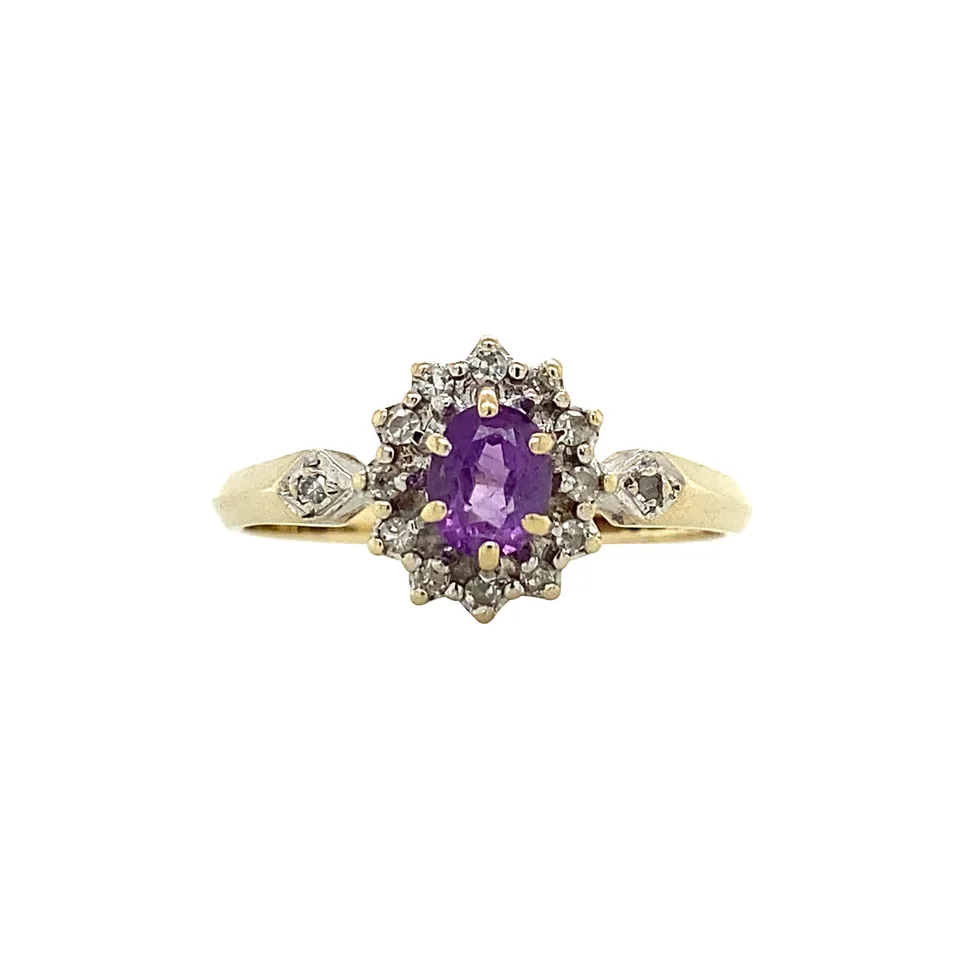 Vintage Cluster 9K Gold Ring with Amethyst and Diamond