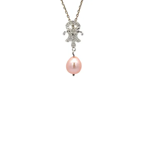 Vintage 18K White Gold Pendant with Pearl and Diamond