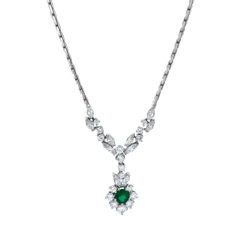 Vintage 14K White Gold Cluster Necklace with Diamond and Emerald Pendant