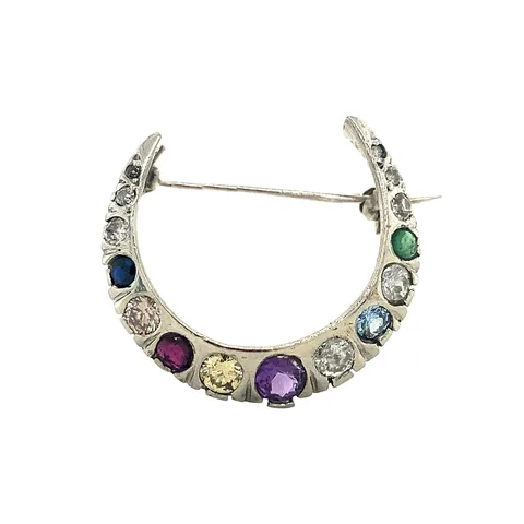 Vintage 14K White Gold Brooch Crescent with Diamond and Glass