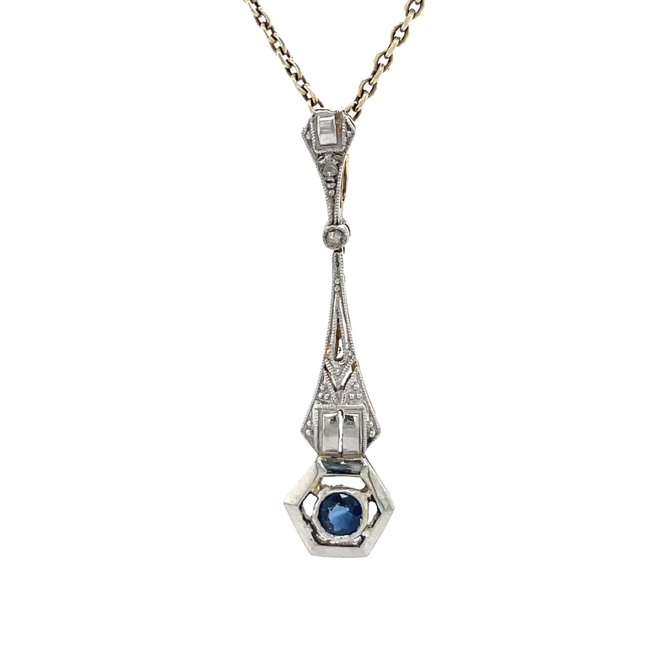 Vintage 14K Two Tone Gold Art Deco Pendant with Sapphire and Diamond