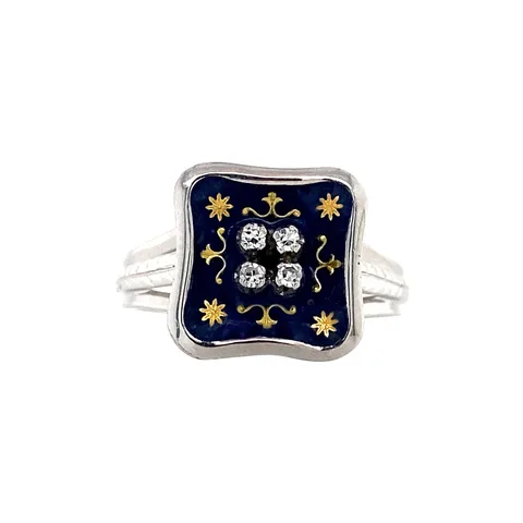 Vintage 18K White Gold Ring with Enamel and Diamond