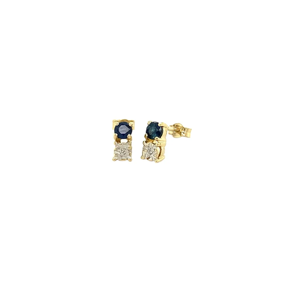 Vintage 14K Gold Stud Earrings with Diamond and Sapphire