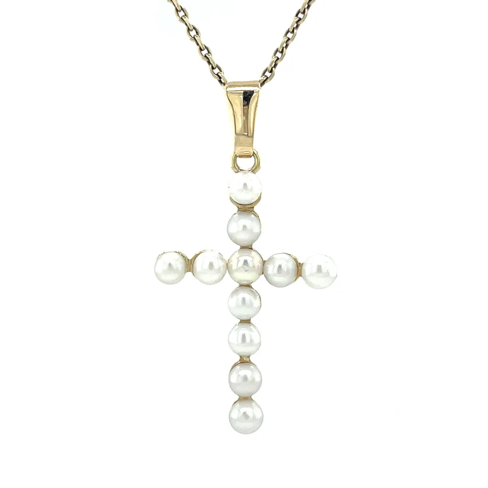 Vintage 14K Gold Cross Pendant with Pearl