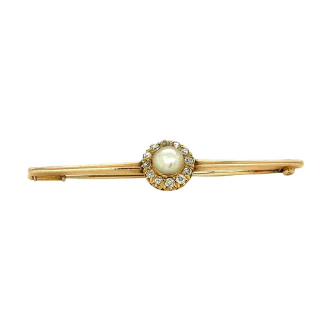 Vintage 14K Gold Brooch with Diamond and Pearl