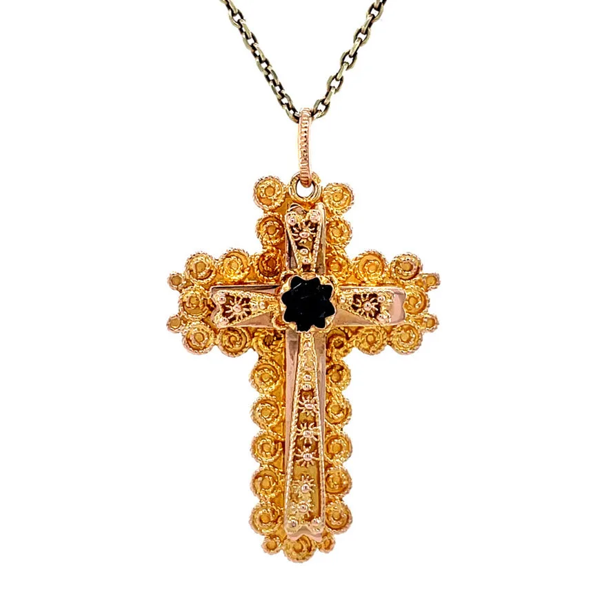 Vintage 14K Gold Cross Pendant with Garnet