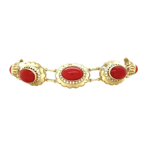 Vintage 14K Gold Boat Link Bracelet with Red Coral