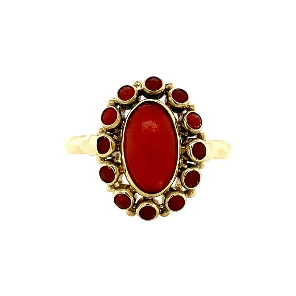 Vintage 14K Gold Cluster Ring with Red Coral