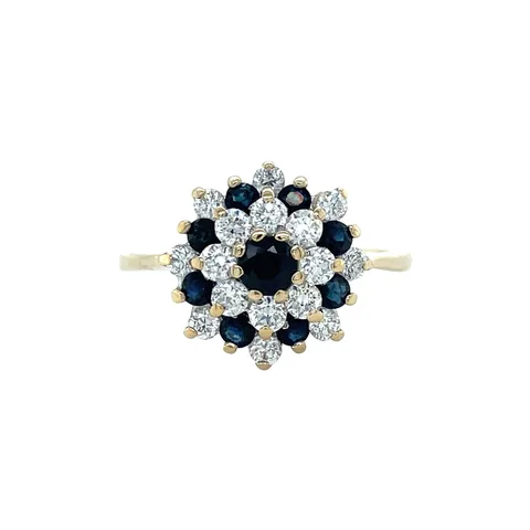 Vintage 14K Gold Cluster Ring with Sapphire and Cubic Zirconia