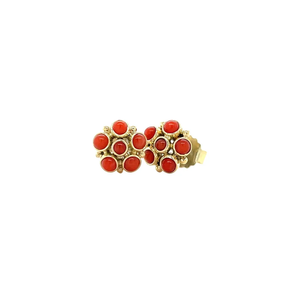 Vintage 14K Gold Cluster Stud Earrings with Red Coral