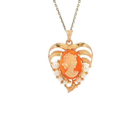 Vintage 14K Gold Pendant with Cameo and Pearl