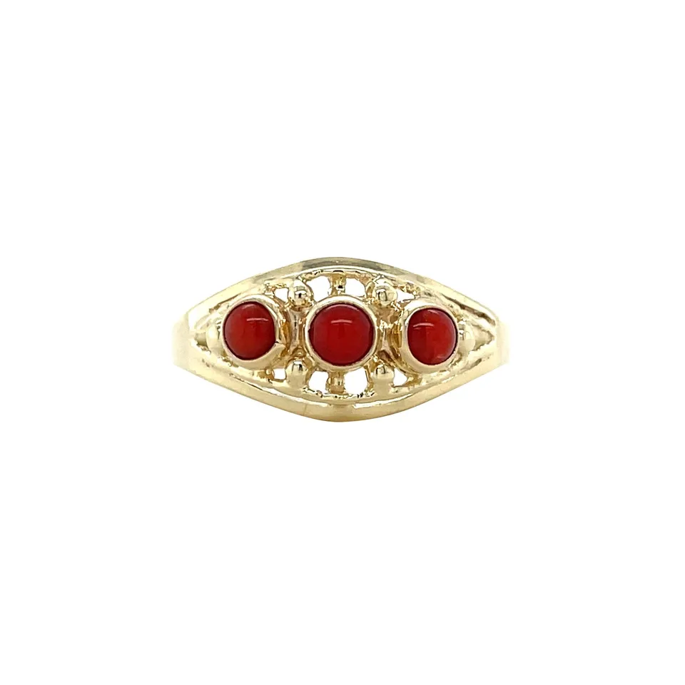 Vintage 14K Gold Trilogy Ring with Red Coral