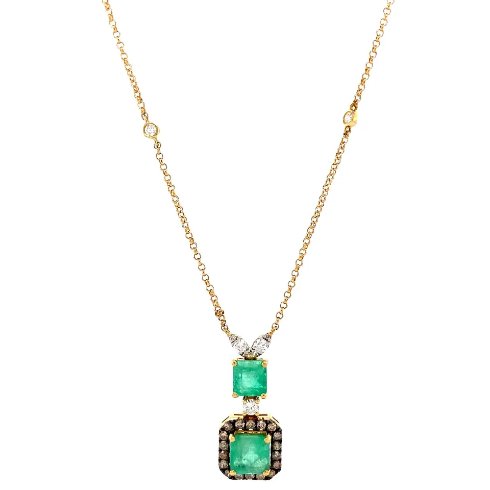 Vintage 18K Gold Necklace with Emerald and Diamond 44 cm