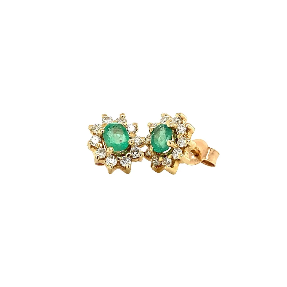 Vintage 14K Gold Cluster Stud Earrings with Natural Emerald and Diamond