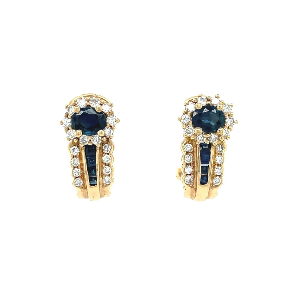 Vintage 14K Gold Cluster Stud Earrings with Sapphire and Diamond