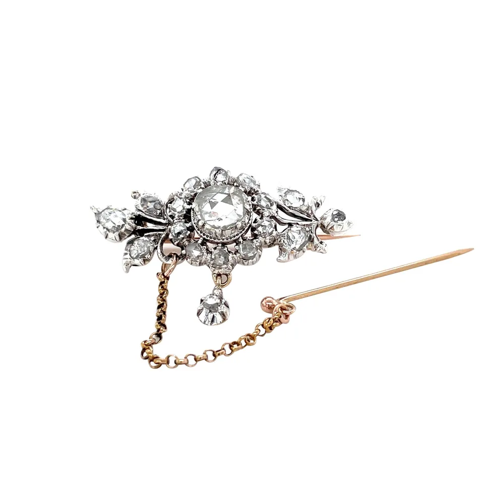 Vintage 14K Gold Brooch with Rose Cut Diamond
