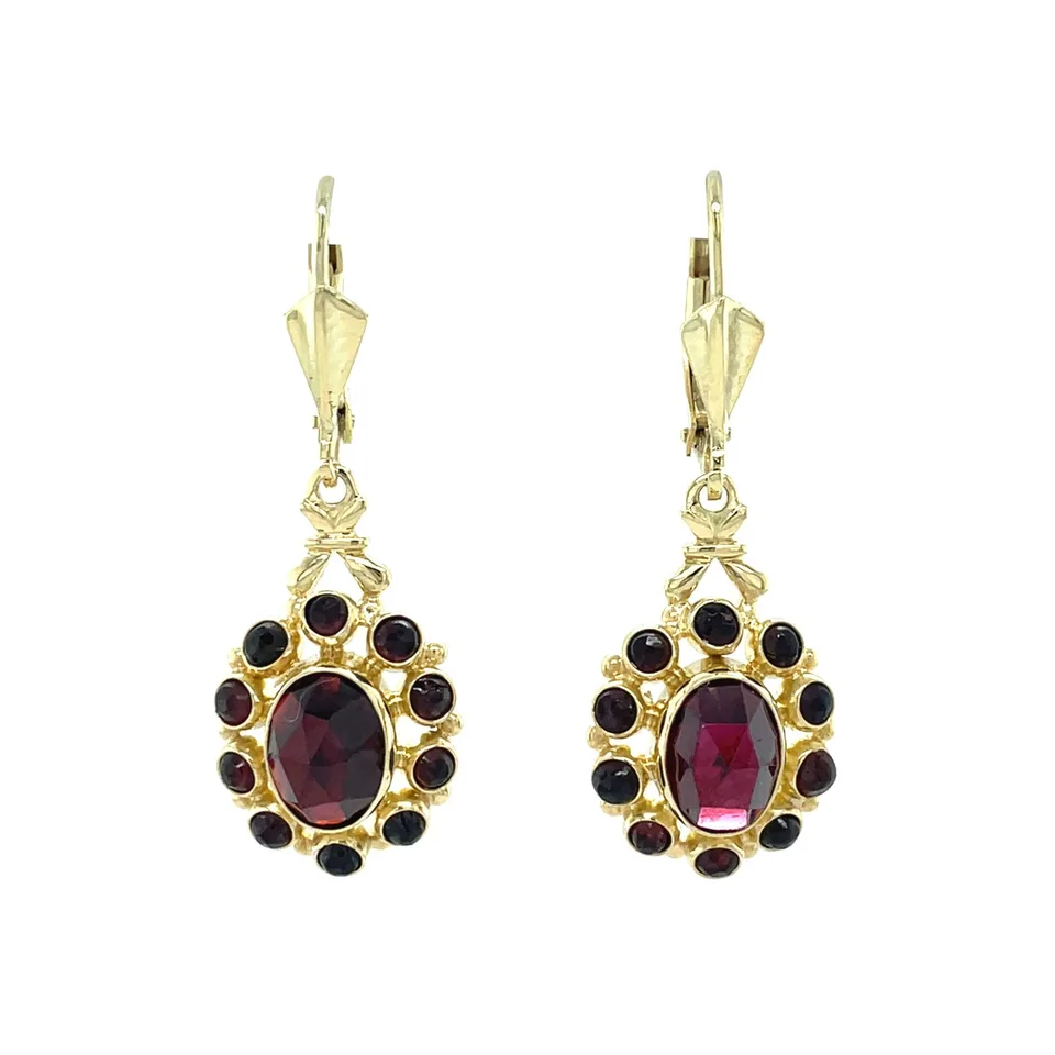 Vintage 14K Gold Cluster Drop Earrings with Garnet