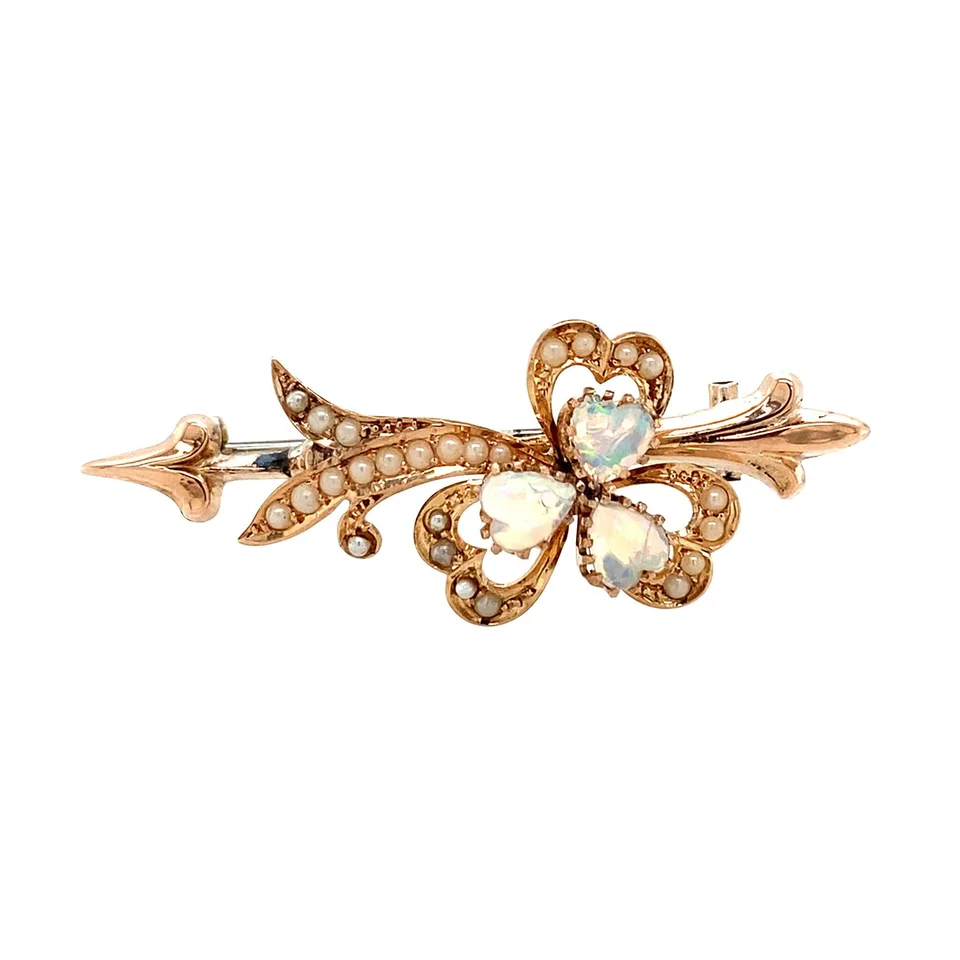 Vintage 14K Rose Gold Brooch with Opal and Pearl