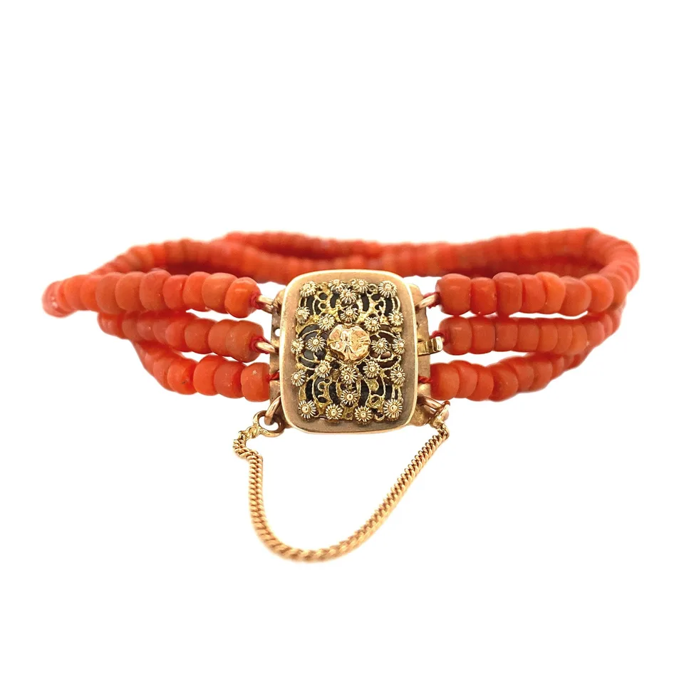 Vintage Red Coral Bracelet with 14K Gold Decorative Clasp