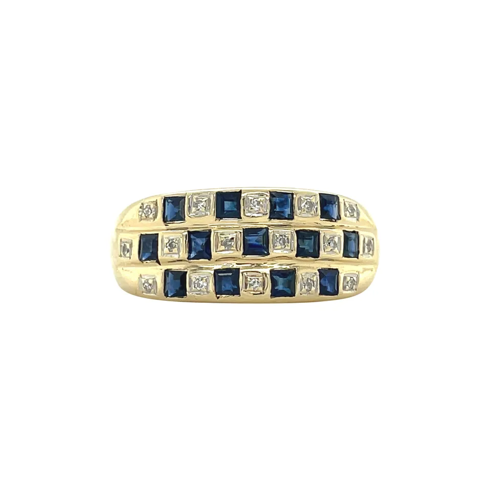 Vintage 14K Gold Row Ring with Sapphire and Diamond