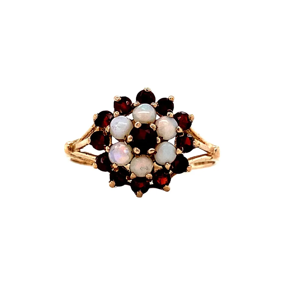 Vintage Cluster 9K Gold Ring with Opal and Garnet