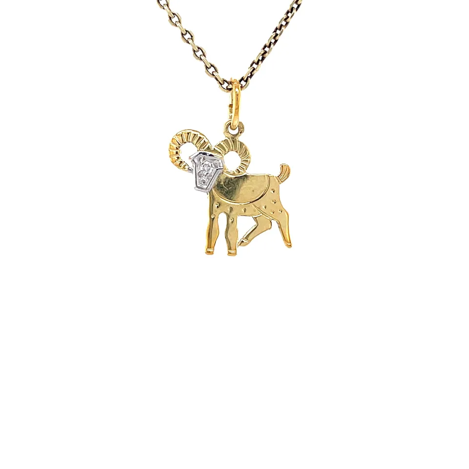 Vintage 14K Gold Ram Pendant with Diamond