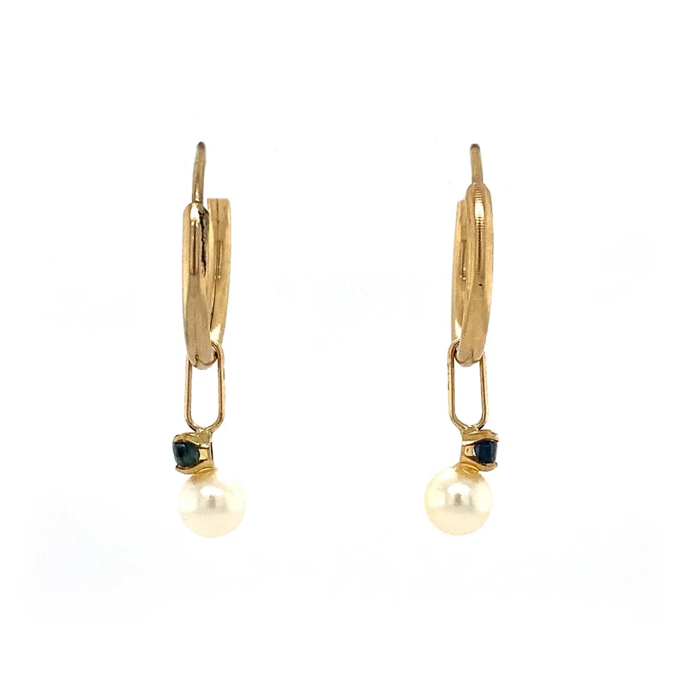 Vintage 14K Gold Hoop Earrings with Pearl and Sapphire