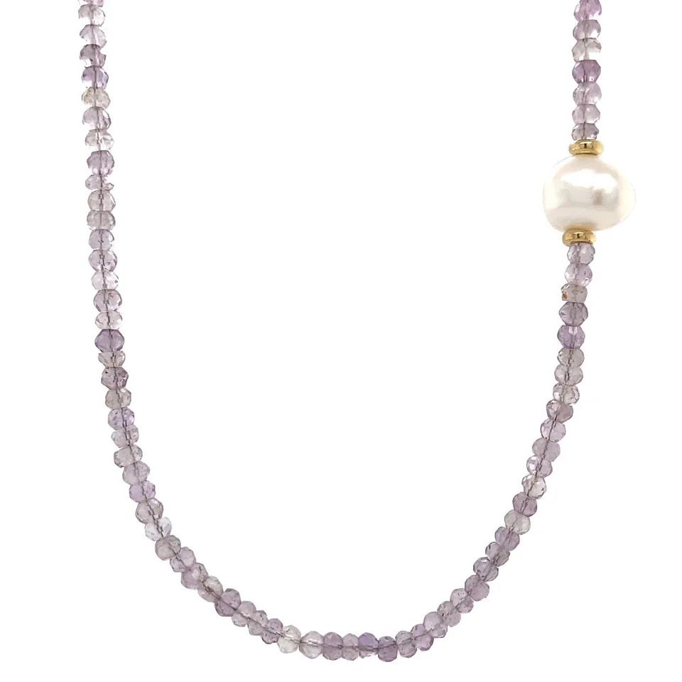 Vintage Amethyst Necklace with Pearl and 14K Gold Clasp 42 cm