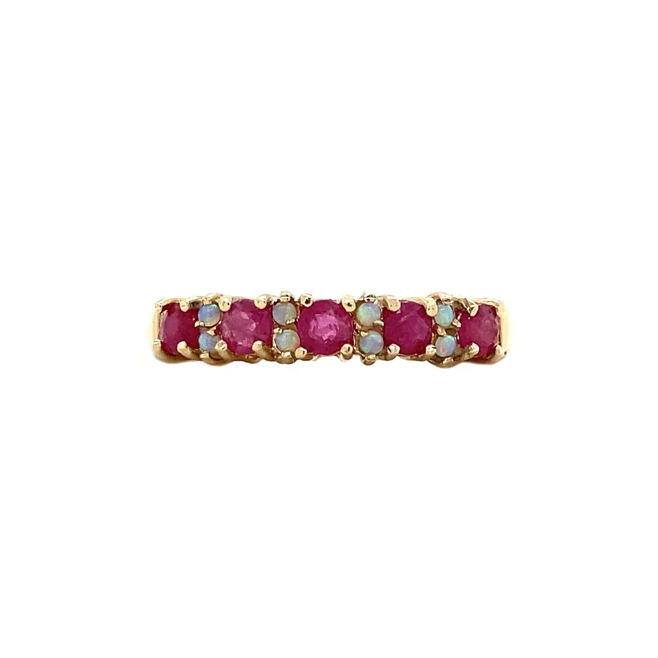 Vintage 9K Gold Half Eternity Ring with Opal and Ruby