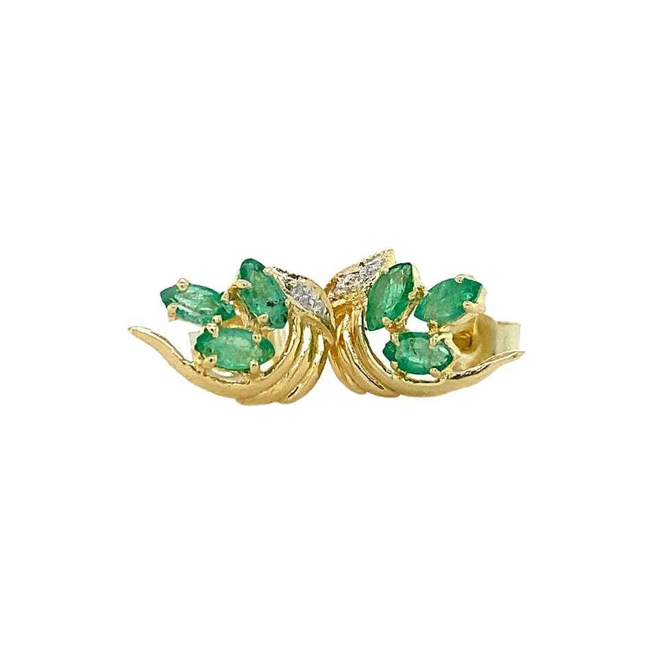 Vintage 14K Two Tone Gold Stud Earrings with Emerald and Cubic Zirconia