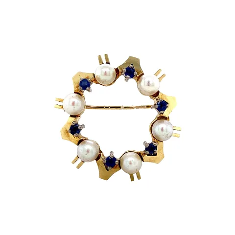 Vintage 14K Gold Brooch with Sapphire and Pearl