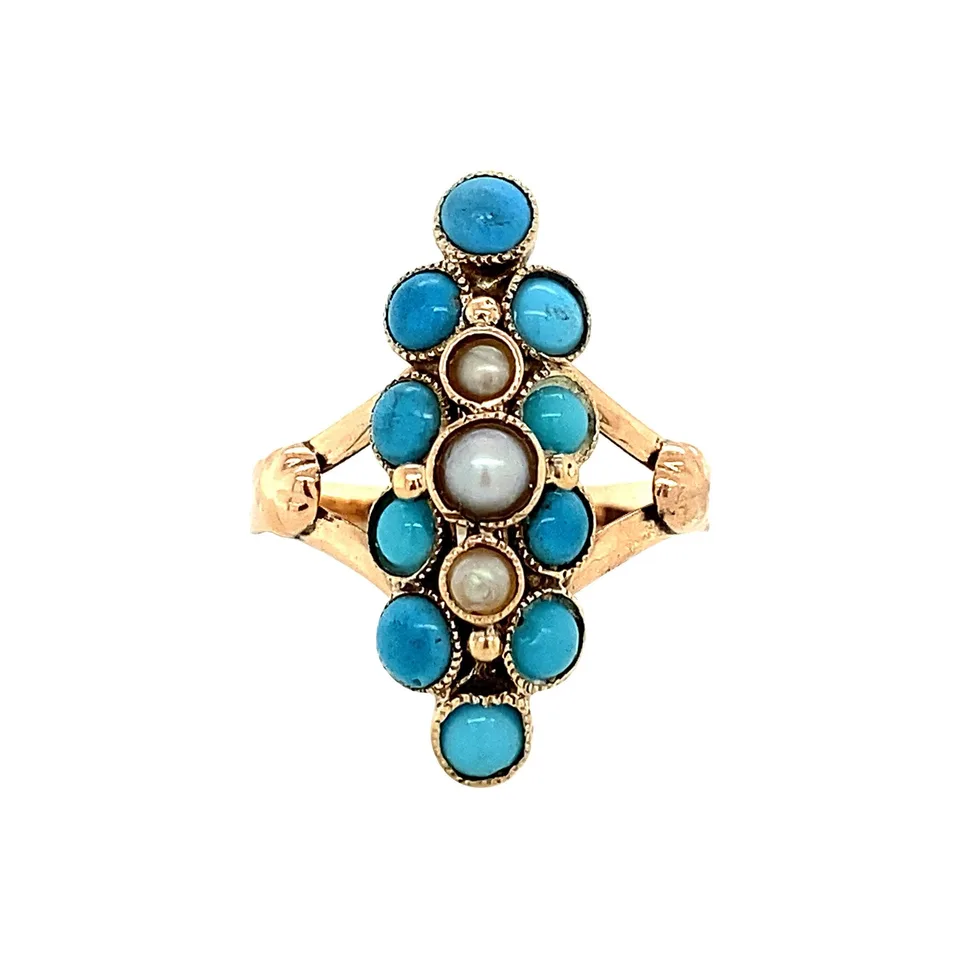 Vintage Fancy 12K Gold Ring with Turquoise and Pearl